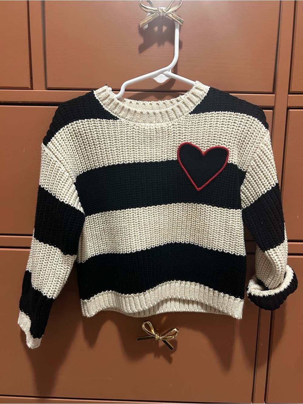 Zara Black and Cream Striped Knit Sweater with Heart Patch
